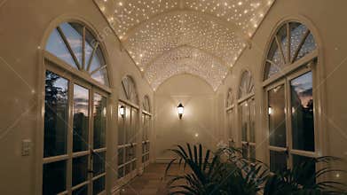 Corridor arched doors and windows and starry sky lighting, Generative AI