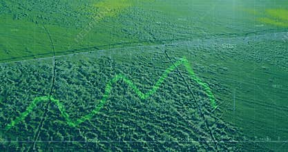 Center pivot irrigation system overlaying green crop field, displaying neon graph and gridlines