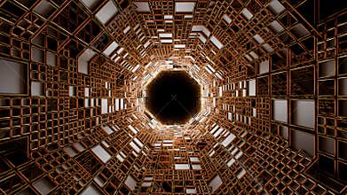 Seamless loop background with geometric tunnel made of golden wireframe and steel rectangular panels