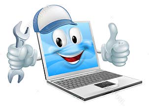 Cartoon laptop computer repair mascot