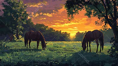 Horses grazing in a lush green field at sunset with dramatic sky