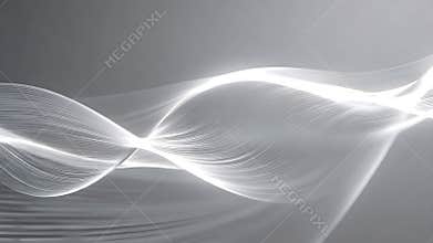 Abstract grayscale background with flowing translucent white wavy lines and mesh patterns on a gray gradient