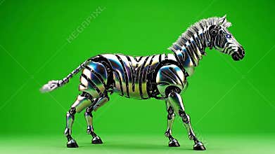 Chrome Zebra Robot Walking on a Green Screen Background. A futuristic robotic zebra with reflective chrome plating steps forward