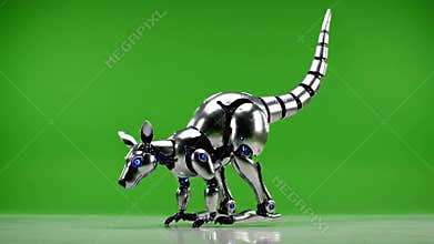 Mechanical Kangaroo Hopping Dynamically on Green Screen Silver Robotic Animal with Blue Lights Futuristic Wildlife isolated