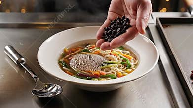 Preparing Asian Noodle Dish with Colorful Vegetables in Broth on Metal Surface in Bright Studio with Steam Effects and Seasoning