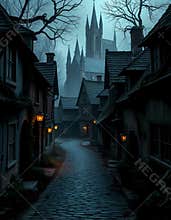 Winding cobblestone street through a cluster of dilapidated European cottages, gothic aesthetic