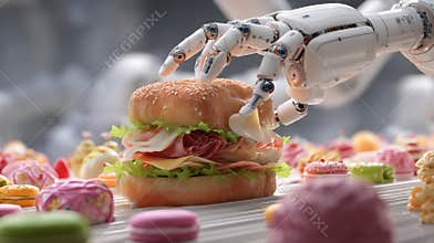 Robotic chef assembling gourmet sandwich in futuristic kitchen setting