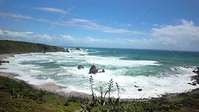 New Zealand Rugged coastal surf panorama