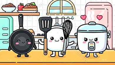 Cute Kawaii Kitchen Utensils Characters Having Fun