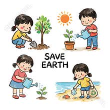 Children Saving Earth Planting Trees and Cleaning Up