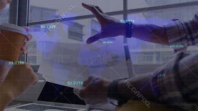 Man explains business concept to woman holding coffee in digital video.