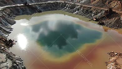 Still Lake in Pit Mine with Muddy Water and Sunlight Reflections, Reflecting Sky and Clouds, Creating a Serene and Industrial