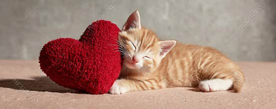 Small ginger kitten resting on a cozy surface, happily cuddling a fluffy red heart toy, embracing warmth and companionship