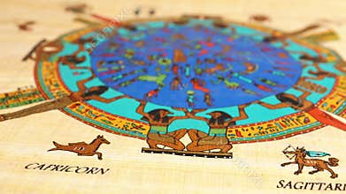 Egyptian zodiac papyrus with Capricorn sign, colorful ancient astrological chart, detailed hieroglyphs, traditional art, celestial
