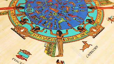 Egyptian zodiac papyrus with Pisces, Capricorn, Aquarius signs, goddess Nut stretching across sky, colorful ancient astrological