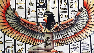Egyptian goddess Isis with outstretched wings on papyrus, hieroglyphs, ancient Egyptian art, colorful traditional painting