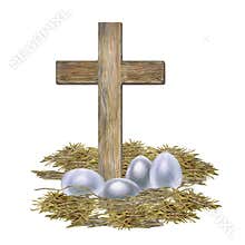 Simple Easter composition with a wooden cross and pearl-gray eggs on straw. A minimalist hand-drawn watercolor illustration for
