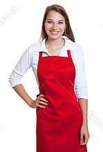 Laughing waitress with red apron