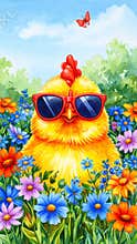 Cartoon chick with sunglasses in a colorful flower garden with a butterfly on a sunny day