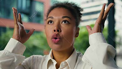 African American business woman showing mind brain explosion businesswoman head burst crazy idea blow female girl