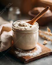 Sourdough starter in glass jar with wooden spoon, rustic kitchen scene, flour dusted board, natural light, creamy texture