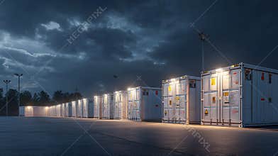 Grid battery energy storage system BESS container at night with dramatic clouds and exterior lights