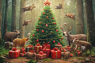 Magic of Christmas in a forest surrounded by joyful animals and gifts