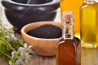 Close-up of nigella sativa oil.