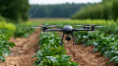 A drone hovers above a lush, green field, capturing imagery and data for precision agriculture, enhancing crop monitoring and farm