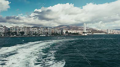 Seagulls following a ferry in Izmir Turkiye