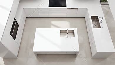 Minimalist Kitchen Interior Design Featuring White Cabinets Island and Modern Appliances Top View Architecture and