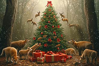 Magic of Christmas in a forest surrounded by joyful animals and gifts