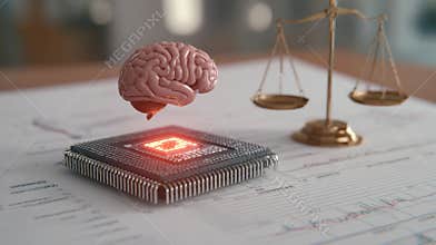 Ethical Dilemma in Code Shows Human Brain Balanced Against Microchip With Blurred Medical Charts in Background