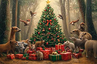 Magic of Christmas in a forest surrounded by joyful animals and gifts