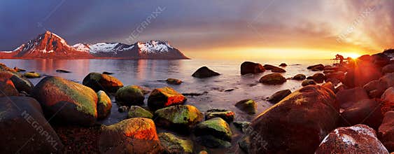 Ocean coast at sunset, panorama, Norway