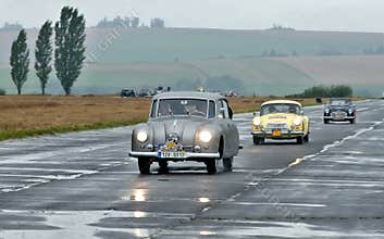 Three Vintage cars and three trees