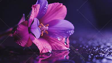 Macro shot of a purple pink hibiscus petal flower on wet surface under neon noir lighting