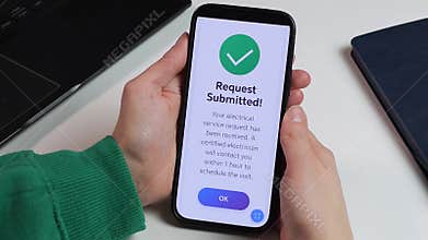 Hire a certified electrician instantly via smartphone. Sequence displays service selection, request processing, and