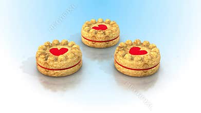 Heart Shaped Cookies on a Reflective Floor. Biscuit 3D Animation. Deserts. 4K