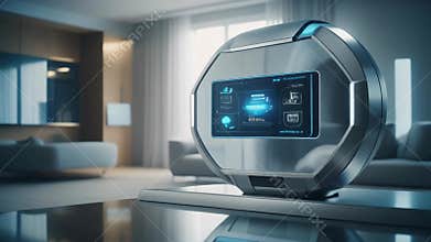Futuristic smart home device displays interactive data with a glowing blue interface in a contemporary, minimalist living space