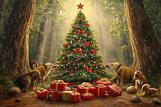 Magic of Christmas in a forest surrounded by joyful animals and gifts