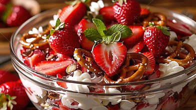 Delicious Strawberry Pretzel Salad Dessert with Fresh Sliced Berries, Whipped Cream, Chocolate Chips, and Crunchy Salted Pretzels