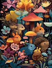 Animals Gather Under Mushrooms in a Colorful Forest at Night