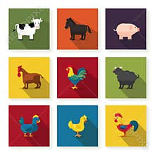 Flat Design Farm Animals Arranged in a 3x3 Grid Featuring Cow, Pig, Chicken, Horse, Sheep, Goat, Duck, Rooster, and