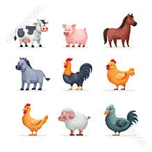 Flat Design Farm Animal Set With Cow, Pig, Chicken, Horse, Sheep, Goat, Duck, Rooster, and Donkey in a Grid Format
