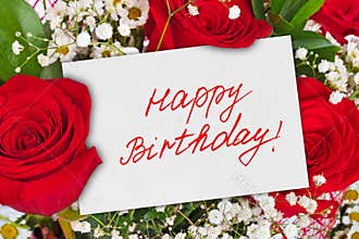 Roses bouquet and card Happy Birthday