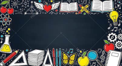 A colorful illustration of school supplies and books on a blackboard background