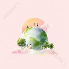 People standing on a green earth surrounded by trees and clouds under a pastel sunrise, symbolizing global community and