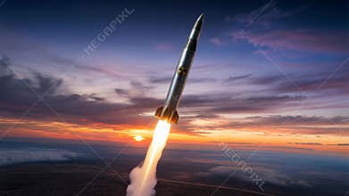 Ballistic missile launching from a silo into a sunset sky, tactical nuclear weapon concept, military strike threat, geopolitical