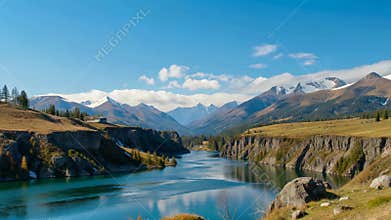 Panoramic view of natural scenery of mountains, rivers and lakes,Generative AI